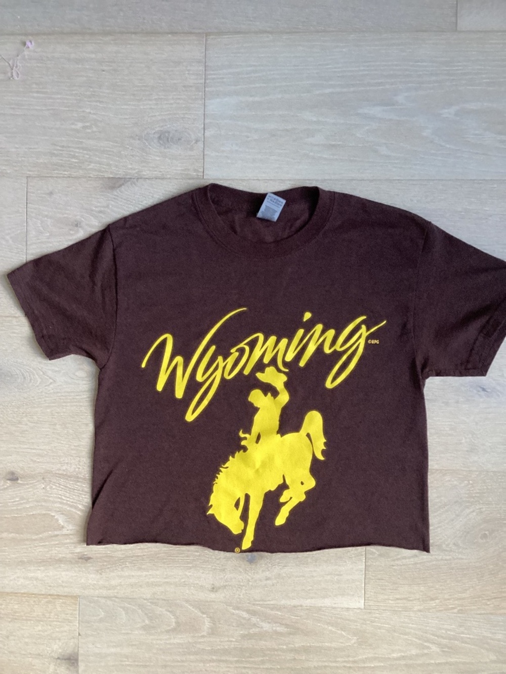 Wyoming brown yellow size S cropped  T-shirt western rodeo cowboy